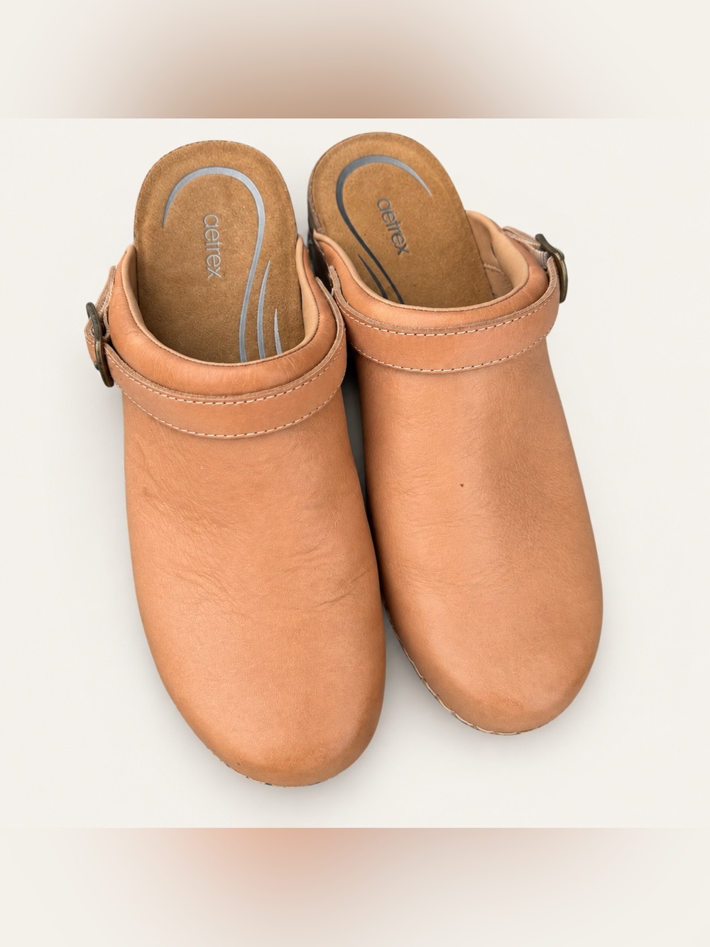 Aetrex Beckie Tan Genuine Leather Clogs Mules Buckle Women’s US 8.5 EU 39 - Picture 2 of 6